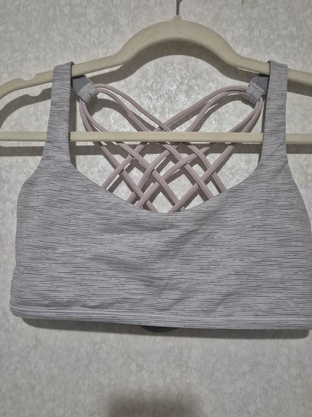 lululemon athletica Heathered Light Gray Sports Bra with Pink Lattice Back-Size8